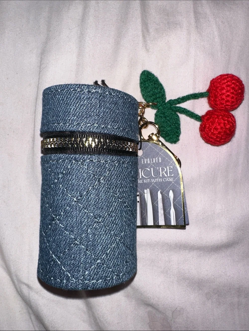 NWT Denim Cherry Key & Card Holder - Blue with Red cherry 4 pc manicure set